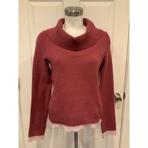 Sleeping on Snow Dark Pink Cowl Neck Sweater W/ Light Pink Crochet Trim, Size L